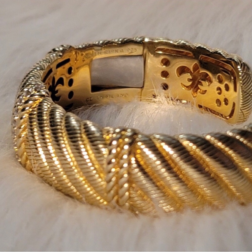 Judith Ripka 14 K Gold Clad Diamonique and Silver Textured Cuff Bracelet. - Picture 2 of 6